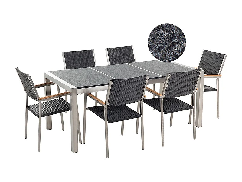 Modernes Gartenmöbel Set Tisch 180 cm mit 3 Platten schwarz/grau 6 Rattanstühle