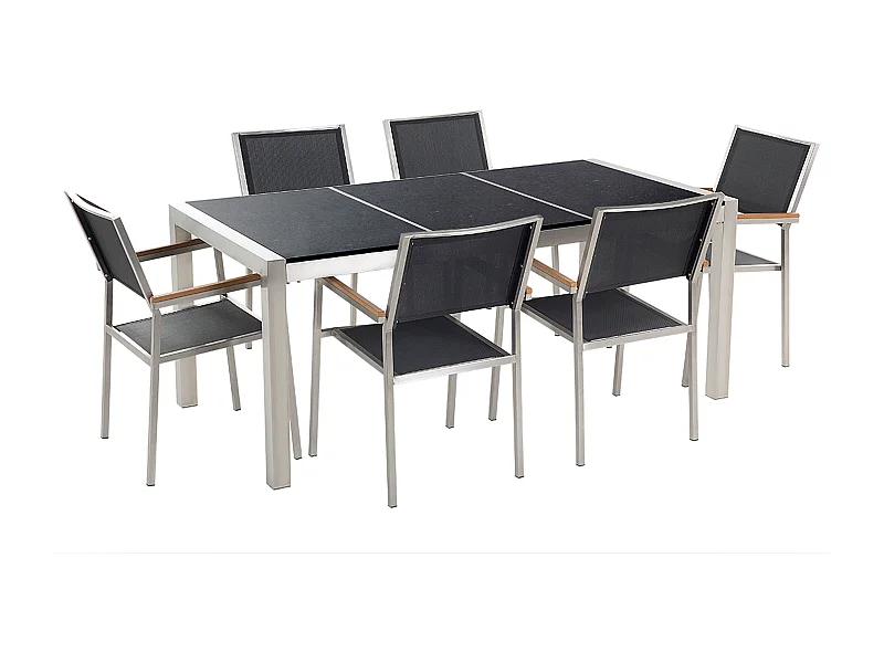 Gartenmöbel Set Tisch 180 cm mit 3 Platten in Schwarz 6 Stühle in Schwarz