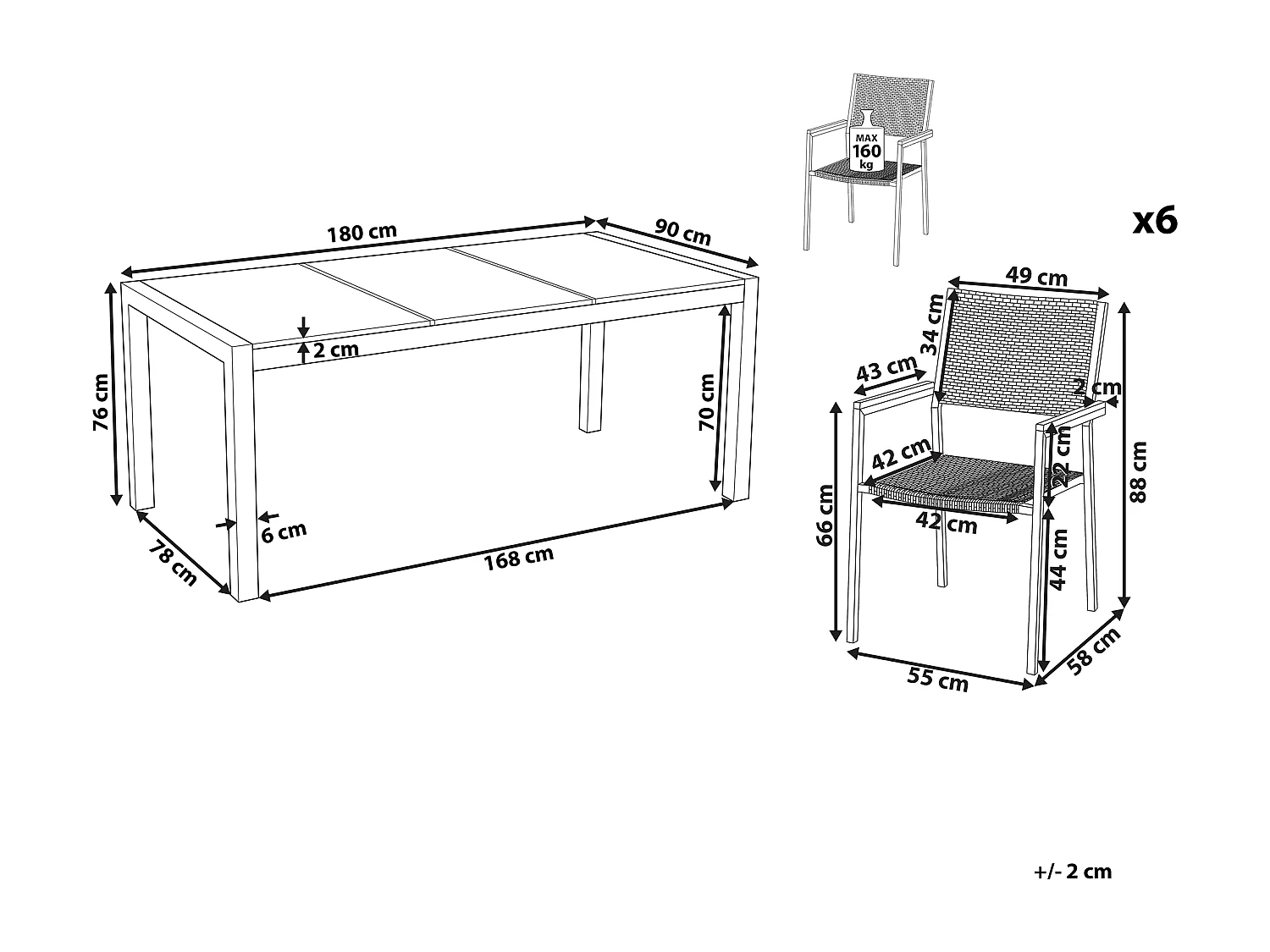 Conjunto de comedor exterior 6 plazas GROSSETO Placa triple Granito Pulido Gris/Negro