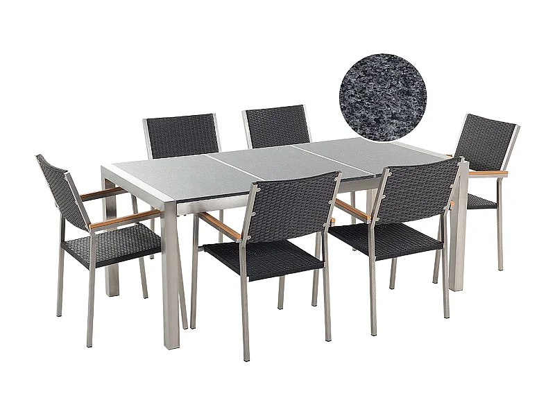 Set da pranzo da giardino 6 posti GROSSETO Piastra tripla Granito Lucido Grigio/ Nero