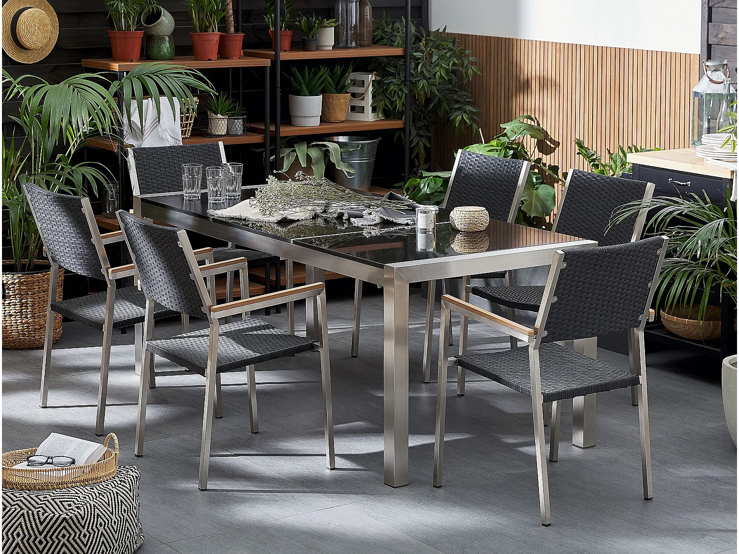 Salle à manger de jardin 6 places GROSSETO Triple plaque Granit Poli Noir