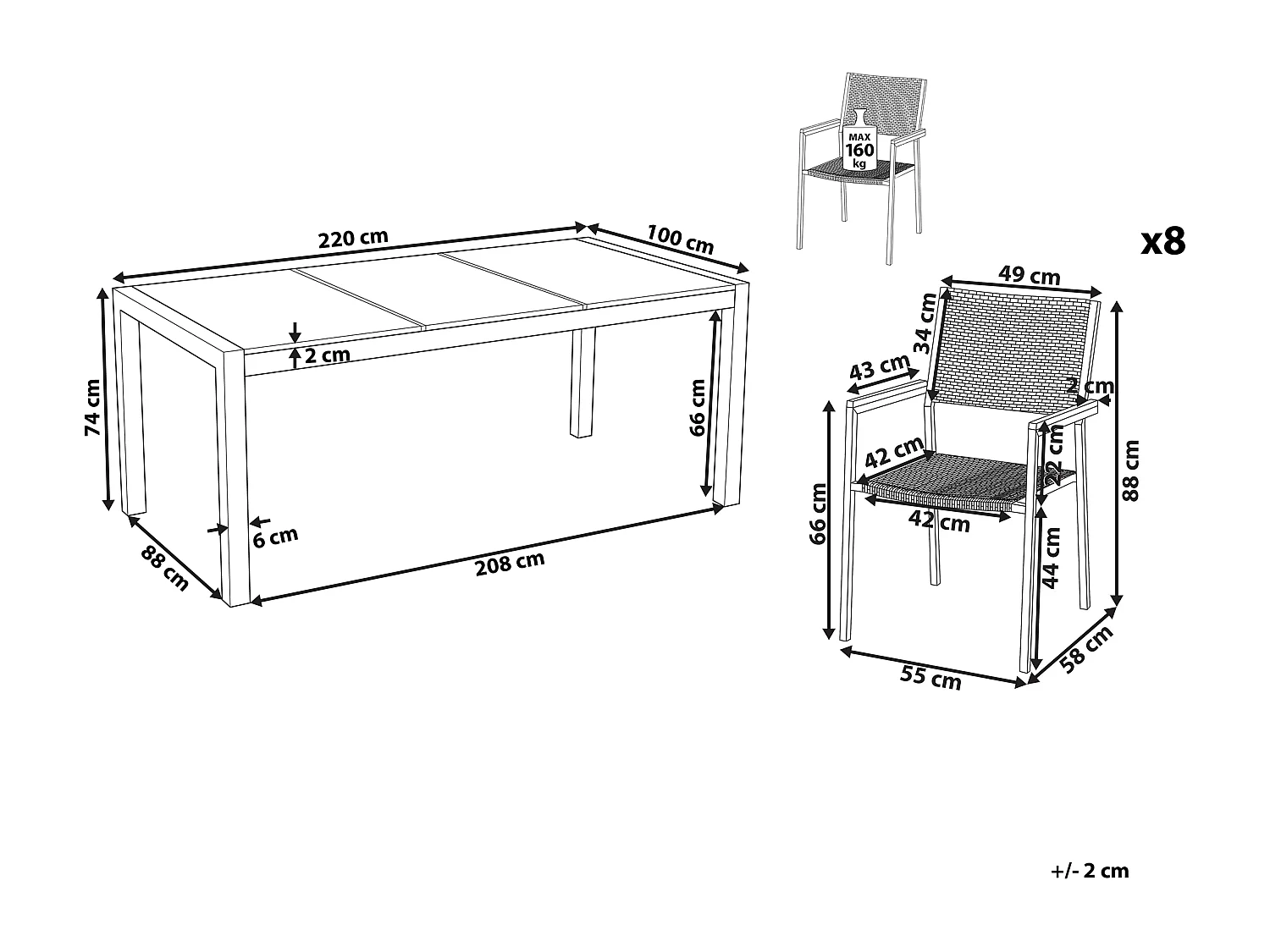 Conjunto de comedor exterior 8 plazas GROSSETO Placa triple Granito Flameado Negro