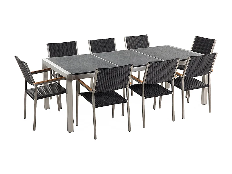 Conjunto de comedor exterior 8 plazas GROSSETO Placa triple Granito Flameado Negro
