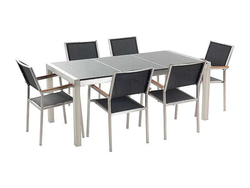 Set da pranzo da giardino 6 posti GROSSETO Piastra tripla Granito Lucido Nero/ Grigio