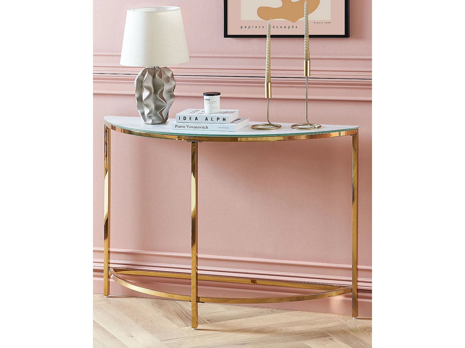 Halbmond Konsolentisch Glas Marmor Optik weiß Metallgestell gold Glamour Orita