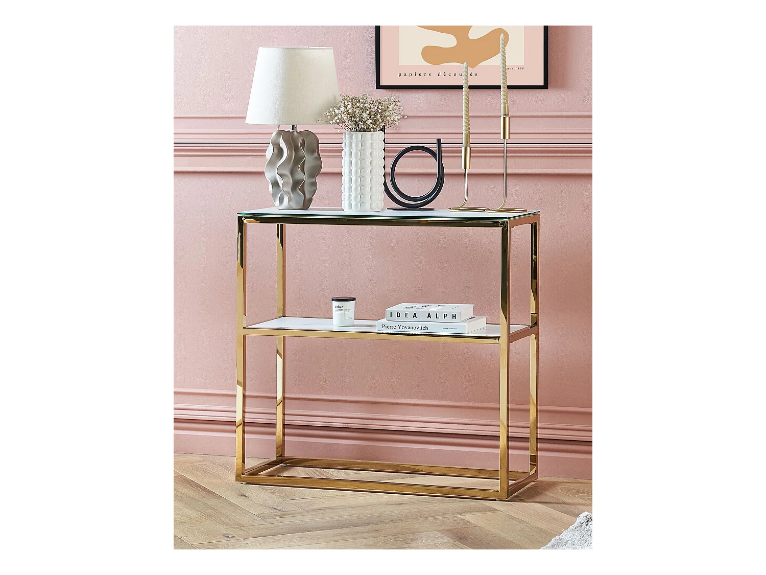 Schmaler Konsolentisch Marmor Optik weiß Metallgestell gold Glamour Azusa