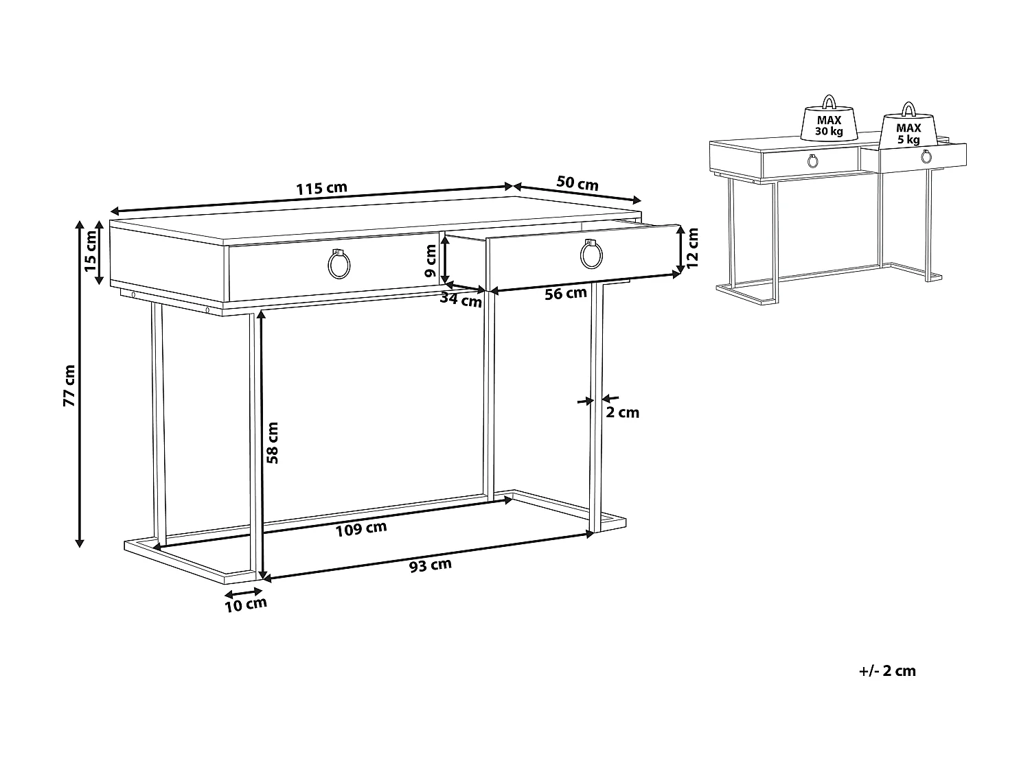 Console Table de bureau WESTPORT Noir/doré 115 cm 50 cm avec rangement