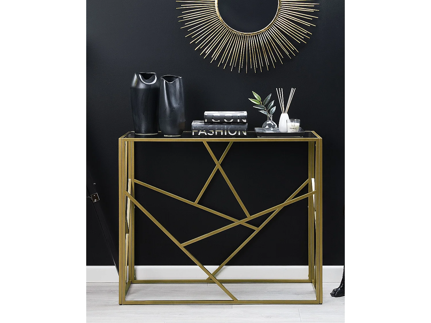 Konsolentisch Hartglas mit Metallgestell gold geometrischer rahmen Glamour Wohnzimmertisch Beistelltisch Orland