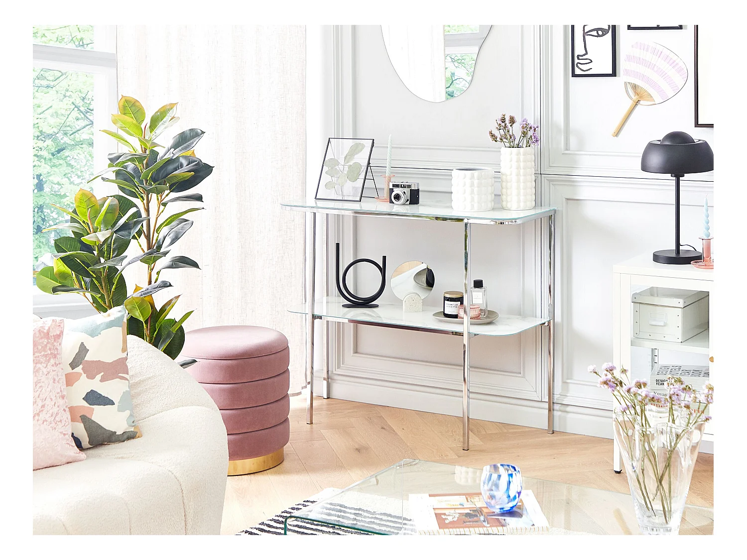 Konsolentisch Marmor Optik weiß Glas mit silbernen Metallbeinen elegant Calvert