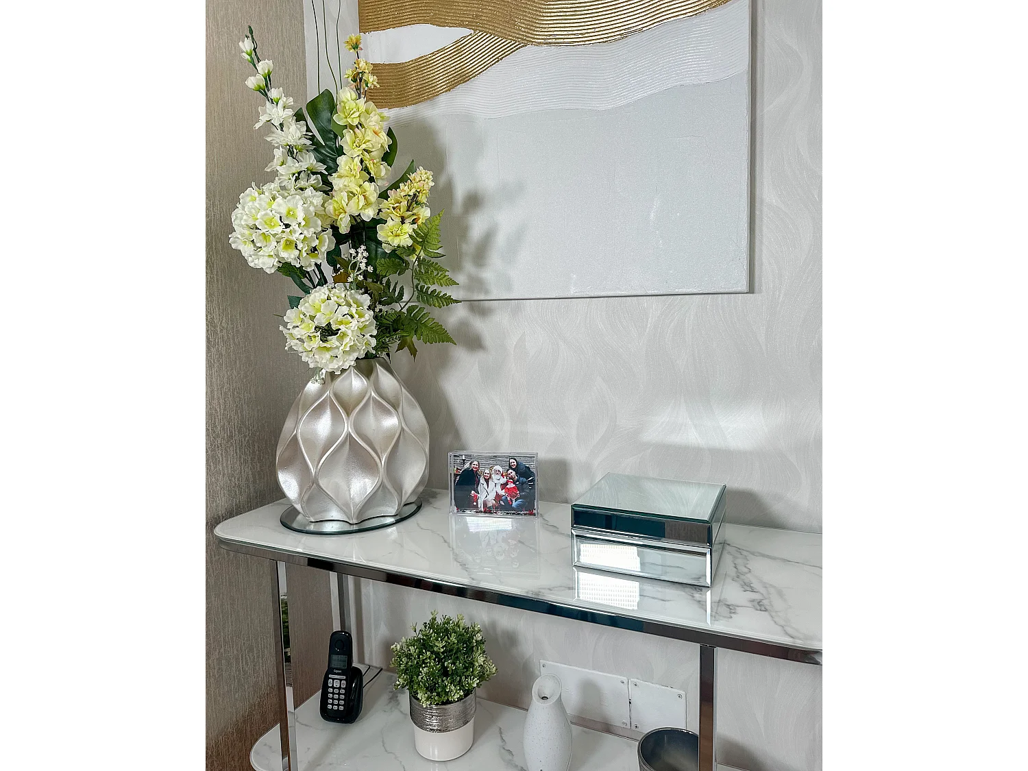 Console Table CALVERT Tempered Glass Marble/ Silver