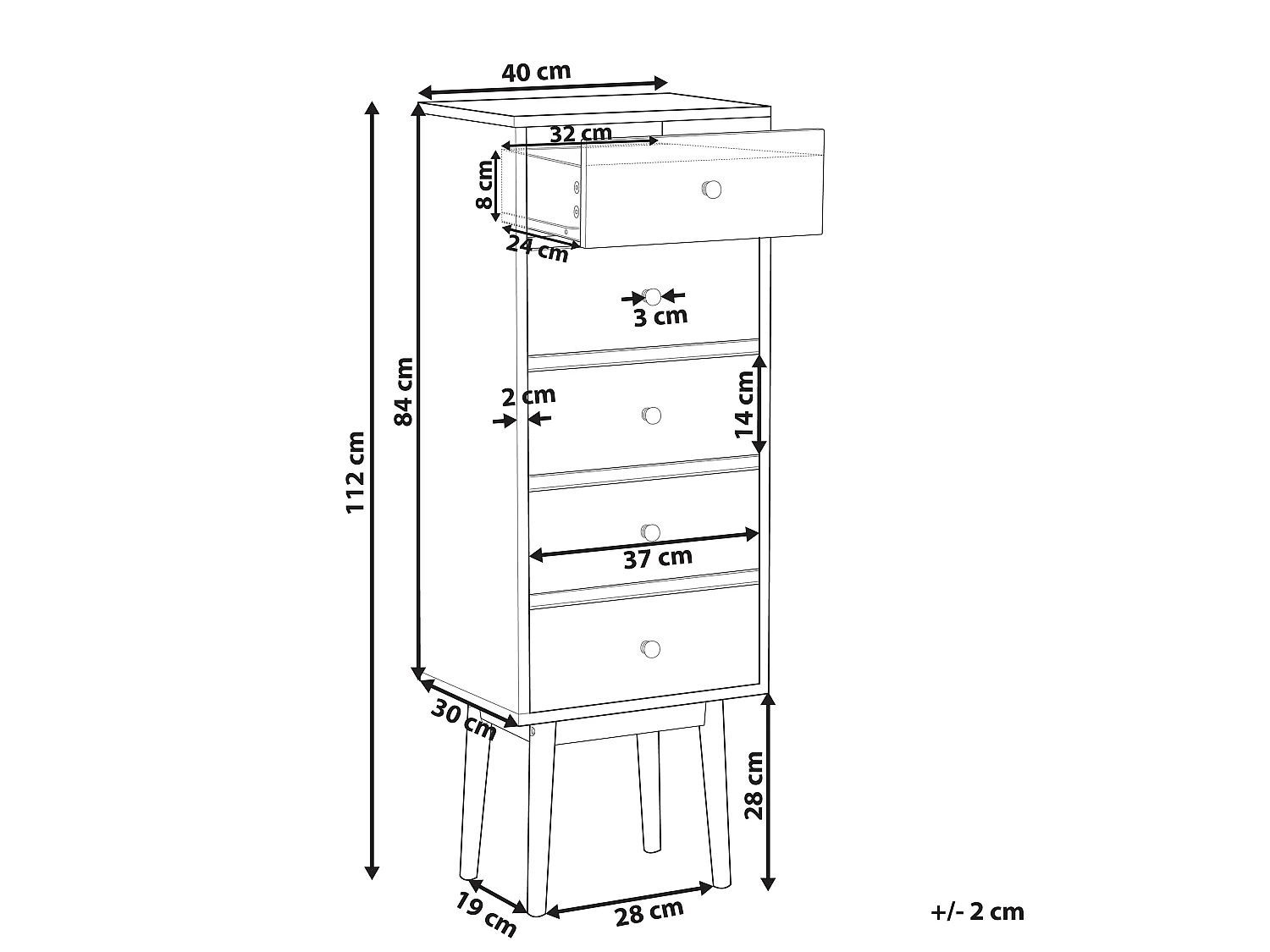 Moderne, hohe Kommode heller Holzfarbton mit 5 Schubladen Highboard Retro Stil