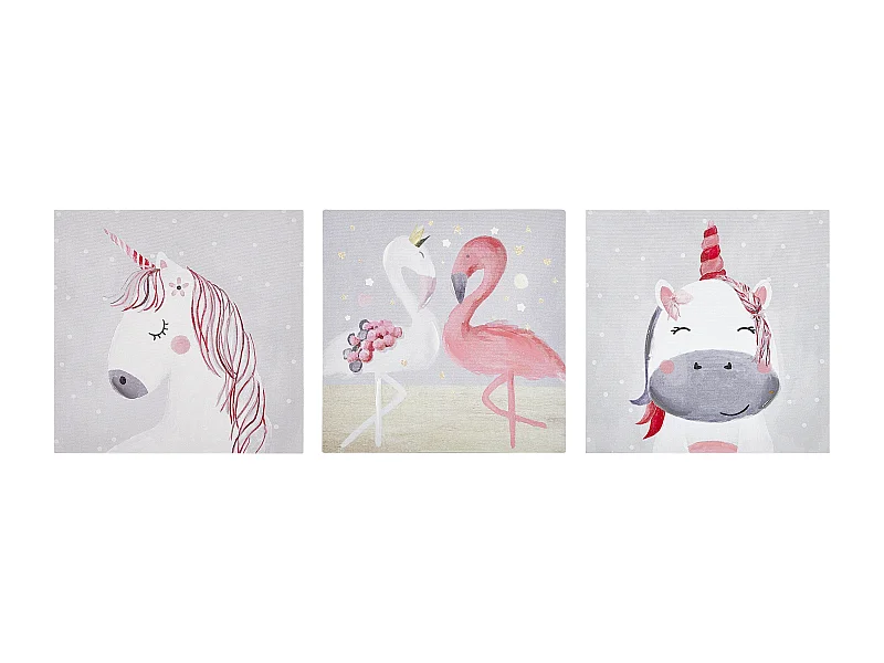 Leinwandbild grau / rosa Flamingo- und Einhornmotiv 3er Set Cartoon 30x30 Timia