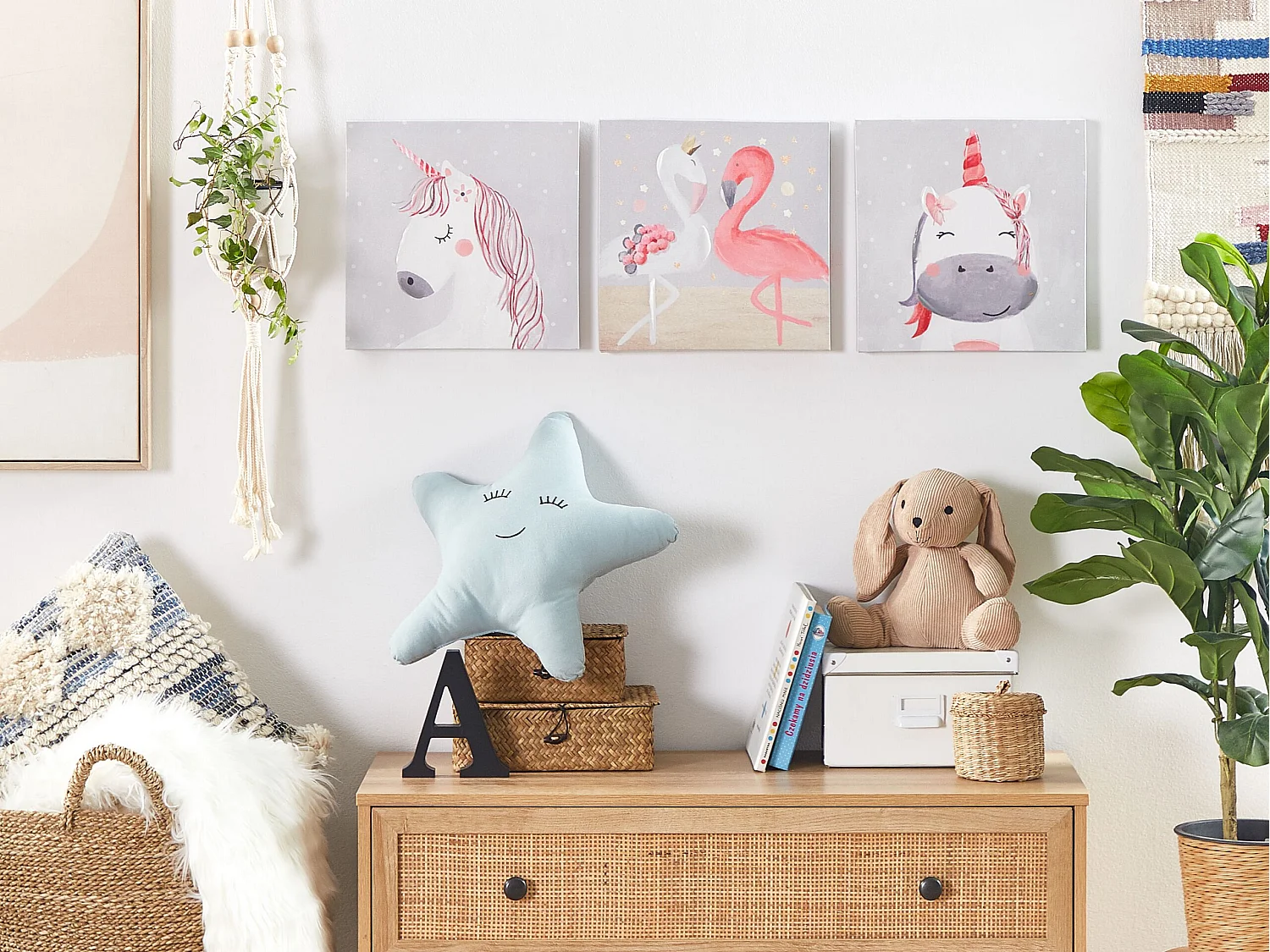 Leinwandbild grau / rosa Flamingo- und Einhornmotiv 3er Set Cartoon 30x30 Timia