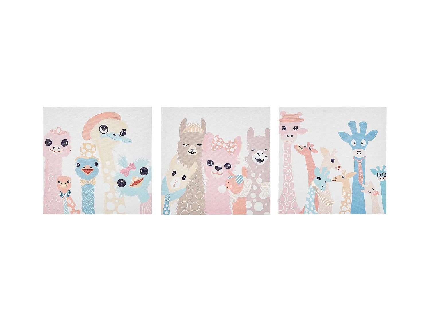 Bunte Leinwandbilder mit Vogel-, Lama- und Giraffenmotiv 3er Set 30x30 cm Tillia