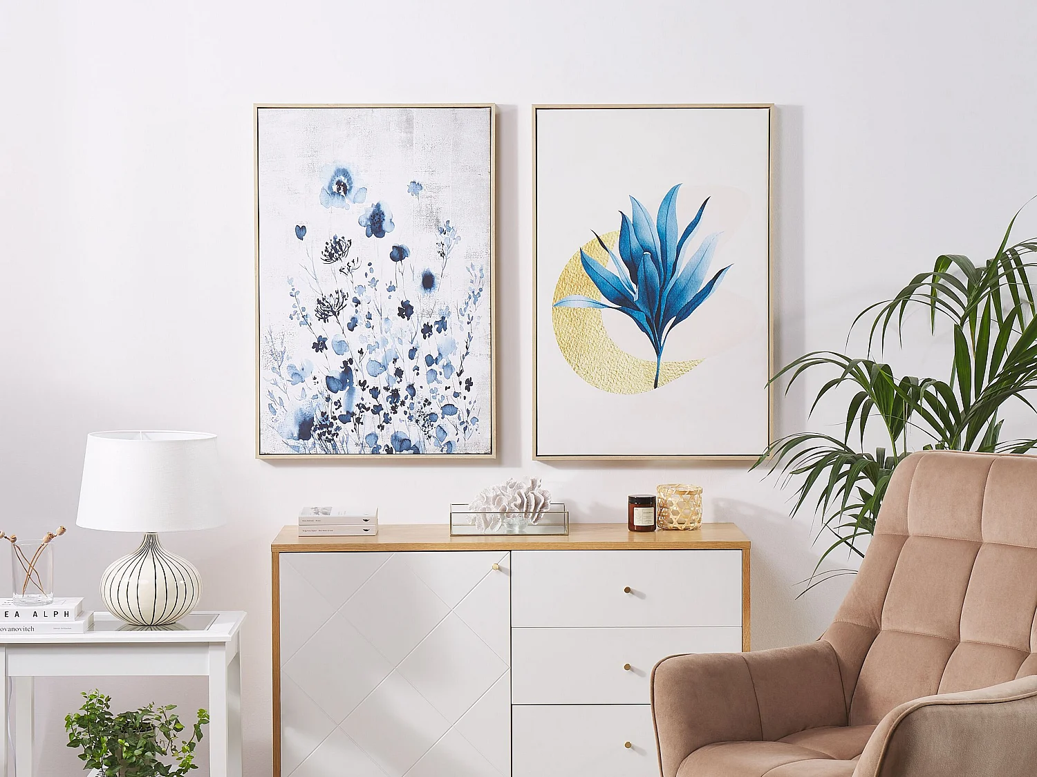 Tableau décoratif avec motif de fleurs 63 x 93 cm bleu et gris BARBANIA