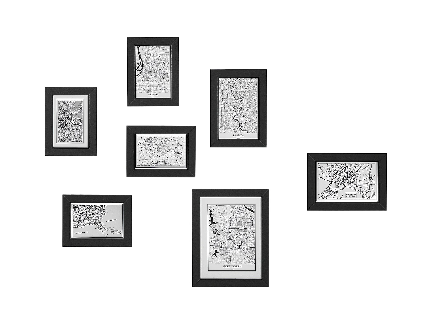 Fotos 7er Set mit MDF Rahmen schwarz Acrylglas Landkartenmotiv Collage Denkoro