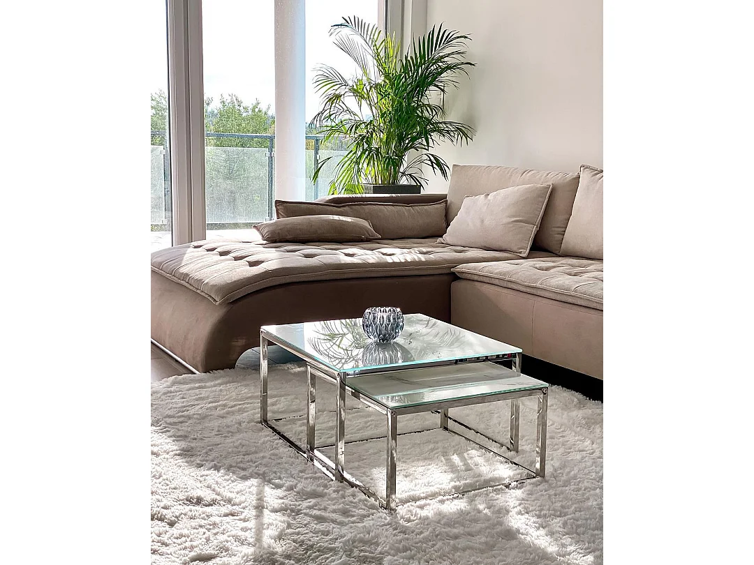 Lot de 2 tables basses BREA Verre de sécurité Marbre blanc