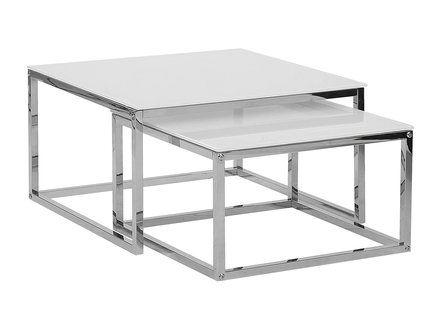 Beliani Quadratisch, minimalistisch und modern: Couchtisch 2er Set in Weiß mit polierten Metallbeinen und Silber Glastischplatte Brea