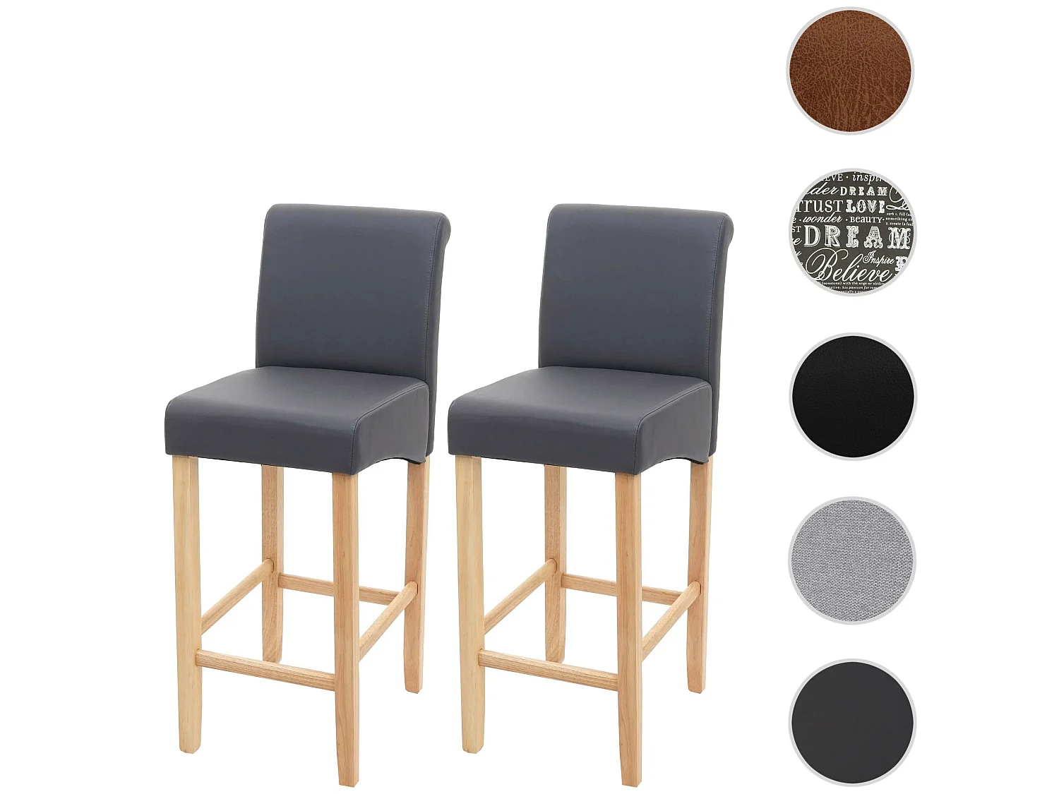 Banco de bar MCW-C33 (conjunto de 2),  cinzento mate, pernas claras, imitação de pele