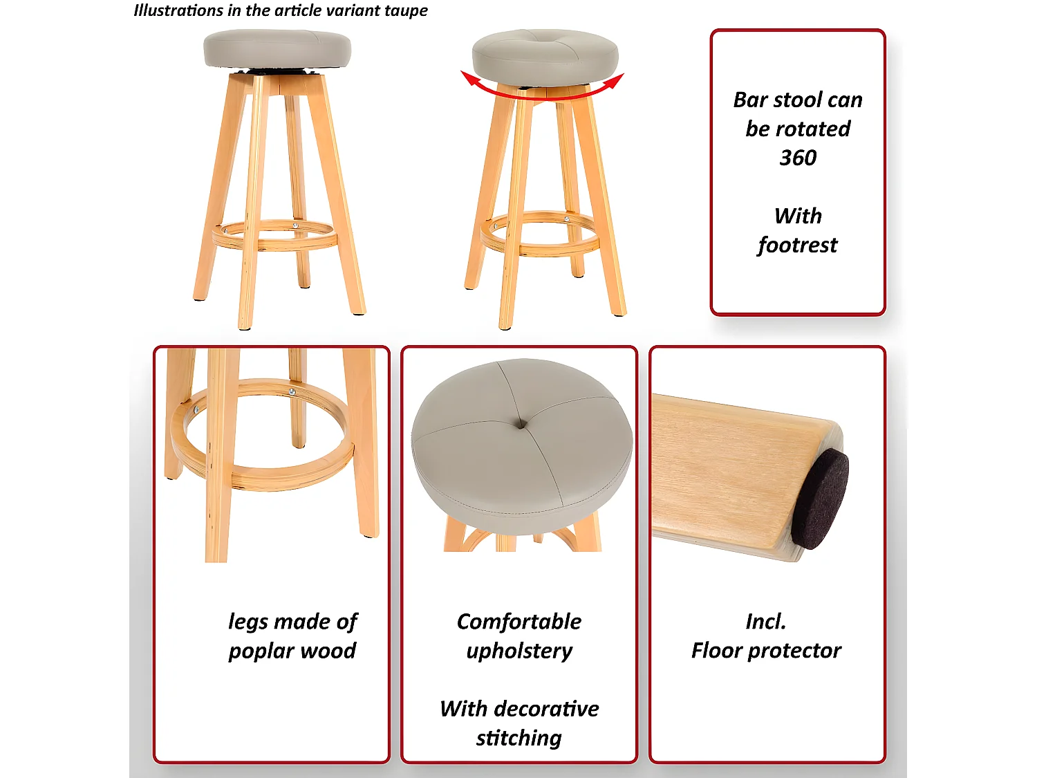 Tabouret de bar Boras pivotant,  bordeaux, pieds clairs