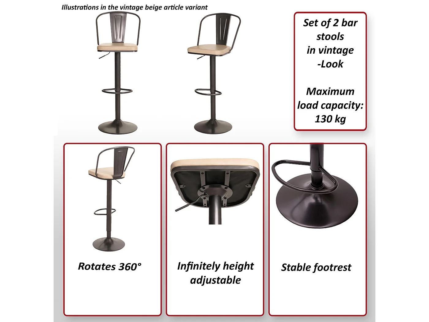 Tabouret de bar MCW-H10a (lot de 2),  vintage noir-gris