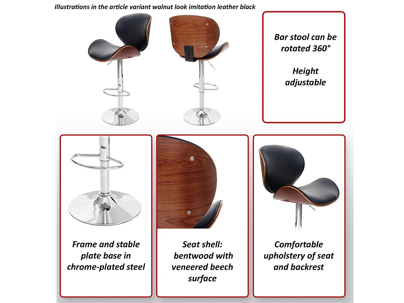 Stołek barowy Arklow,  szary, sztuczna skóra czarny