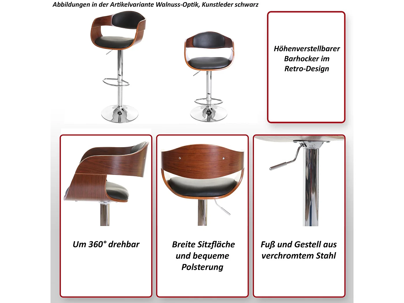 Tabouret de bar MCW-A47,  gris, similicuir noir