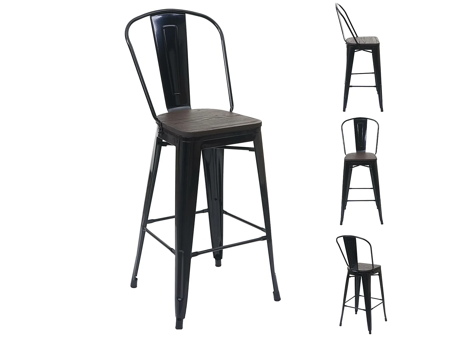 Set 4x sgabelli con schienale bistrot design industriale MCW-A73 legno metallo verniciato nero