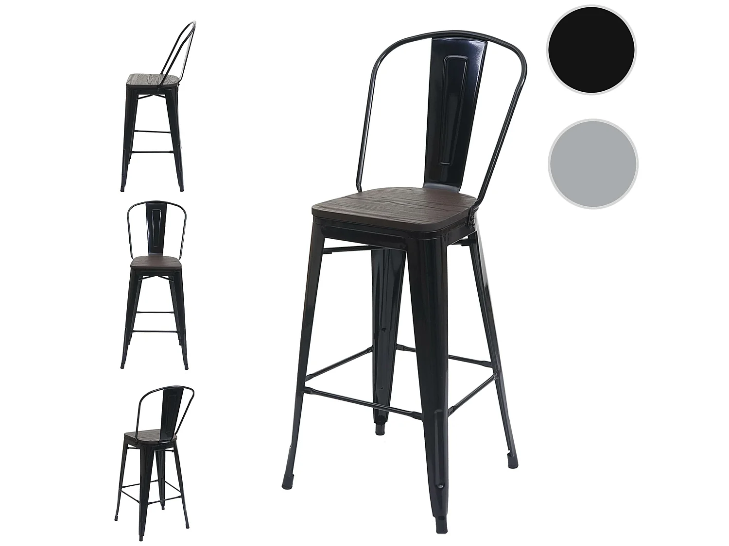 Set 4x sgabelli con schienale bistrot design industriale MCW-A73 legno metallo verniciato nero