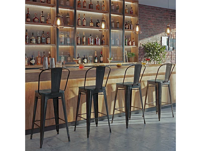 Set 4x sgabelli con schienale bistrot design industriale MCW-A73 legno metallo verniciato nero