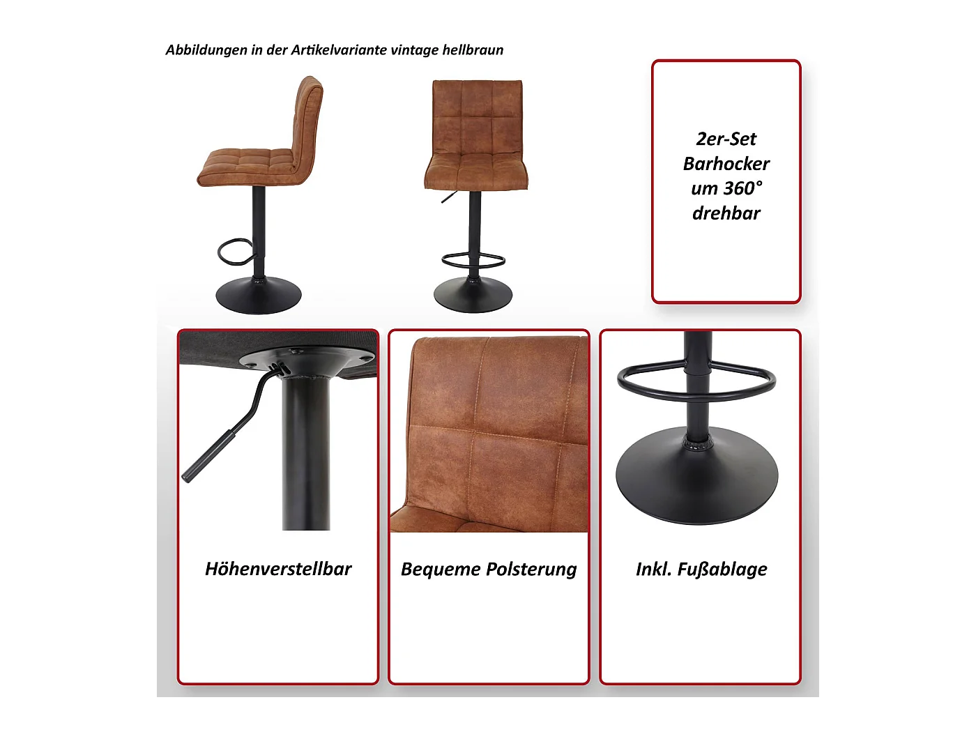 Tabouret de bar MCW-B13 (lot de 2),  vintage brun clair