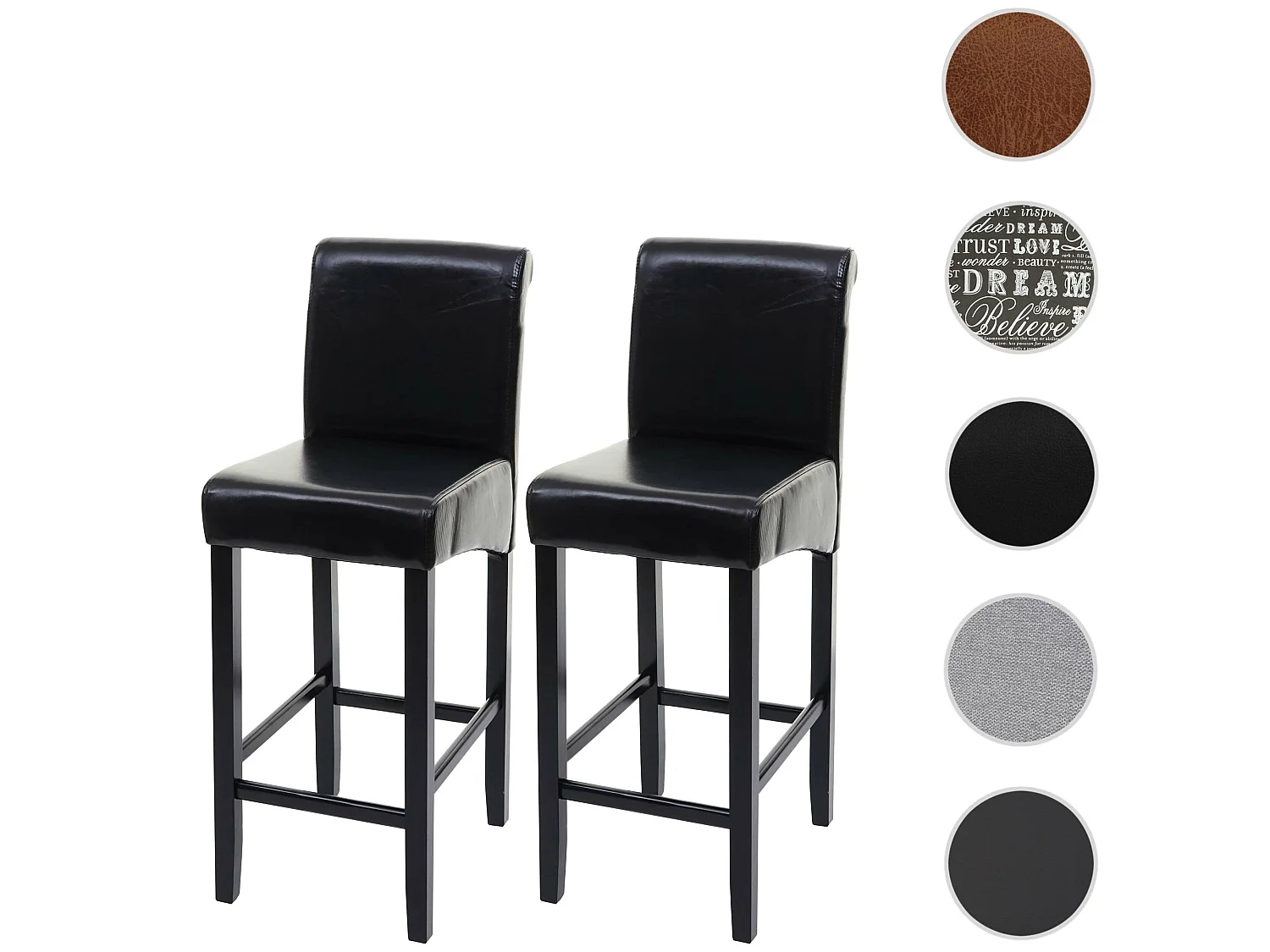Tabouret de bar MCW-C33 (lot de 2),  cuir reconstitué, noir/pieds foncés