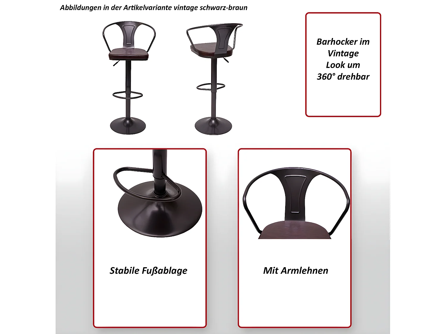 Tabouret de bar MCW-H10b (lot de 2),  vintage noir-crème