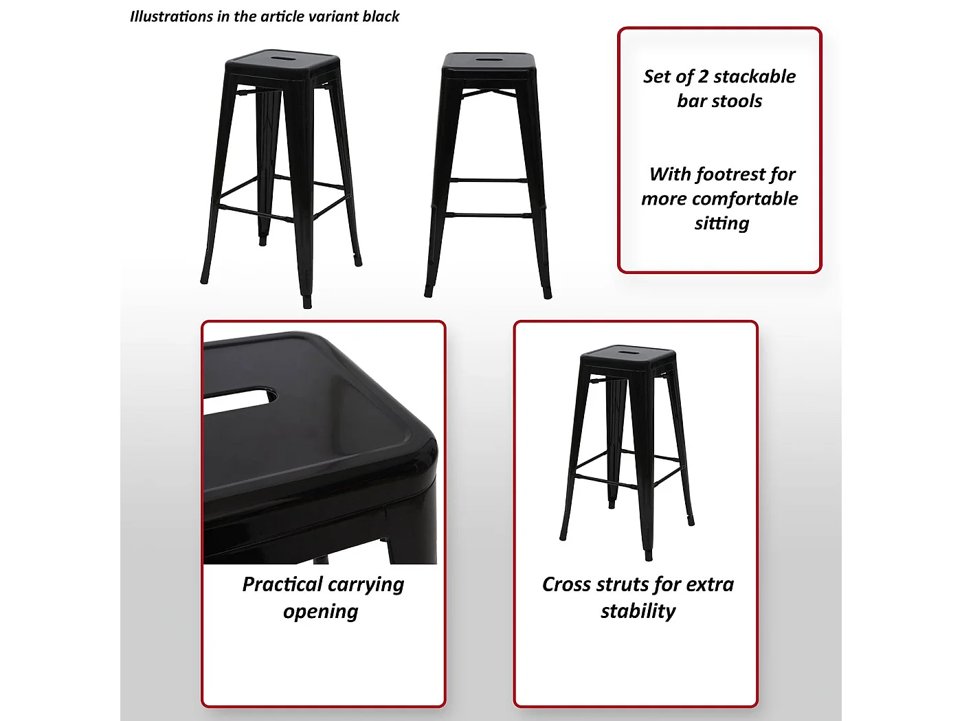 Barhocker MCW-A73 (2er-Set), Schwarz