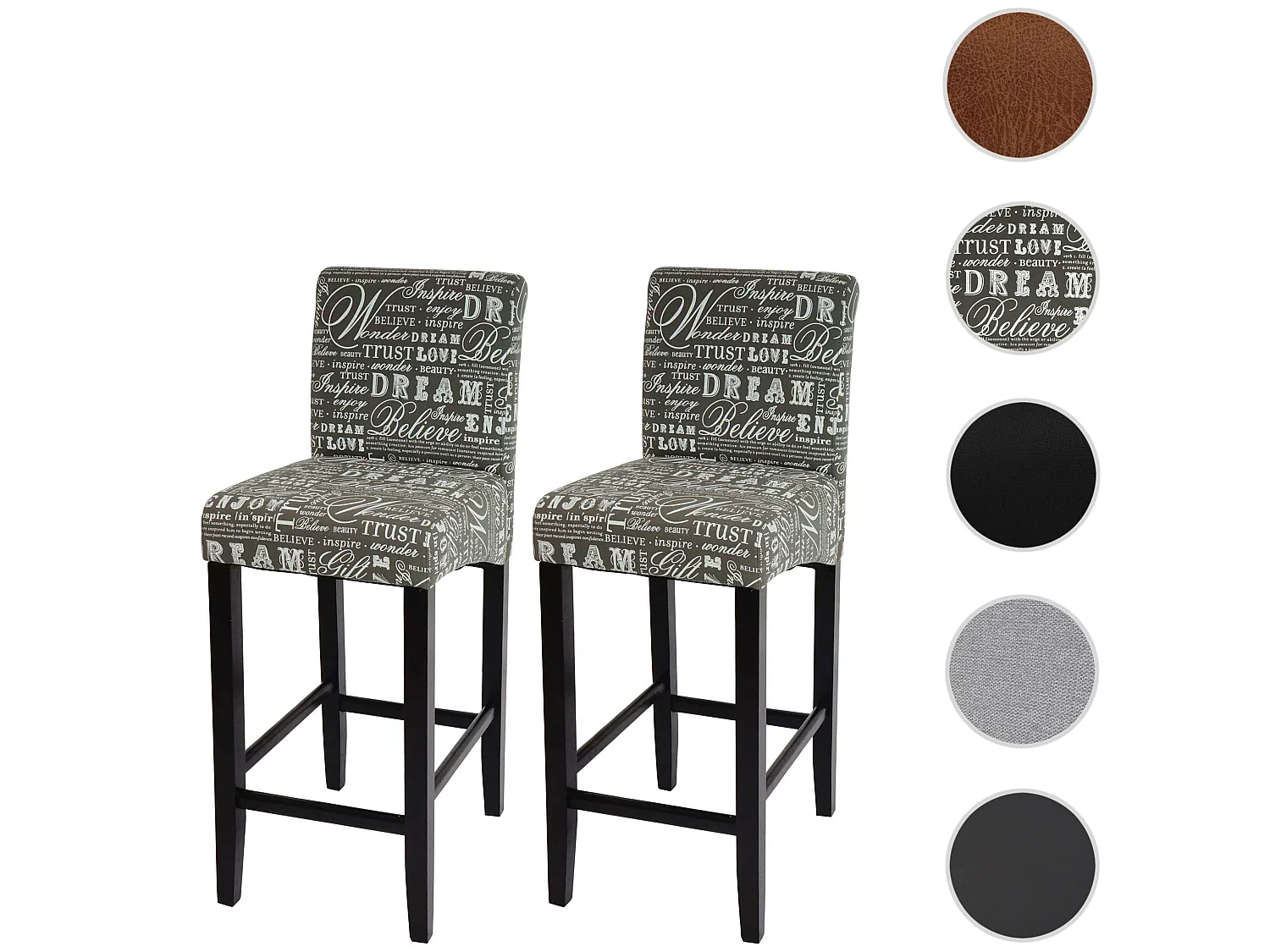 Tabouret de bar MCW-C33 (lot de 2),  écriture, gris, pieds foncés, tissu