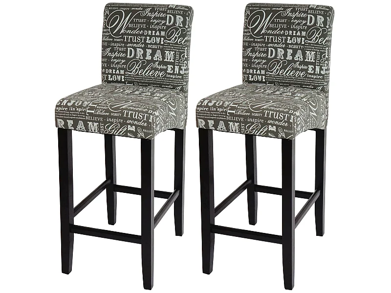 Tabouret de bar MCW-C33 (lot de 2),  écriture, gris, pieds foncés, tissu