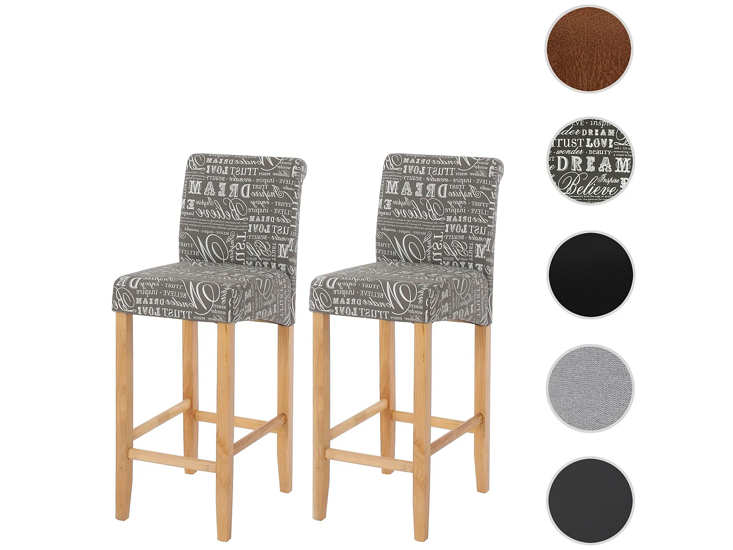 Tabouret de bar MCW-C33 (lot de 2),  tissu words fabric, gris, pieds clairs