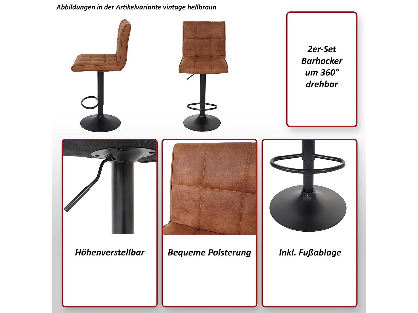 Tabouret de bar MCW-B13 (lot de 2),  vintage brun foncé