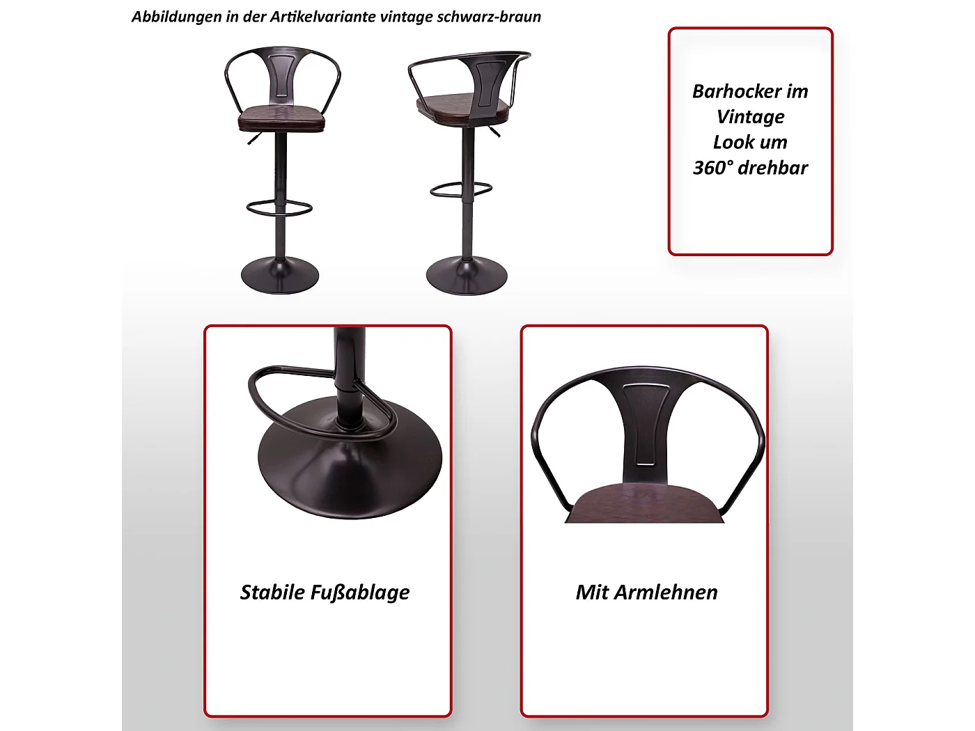 Tabouret de bar MCW-H10b (lot de 2), vintage noir-marron