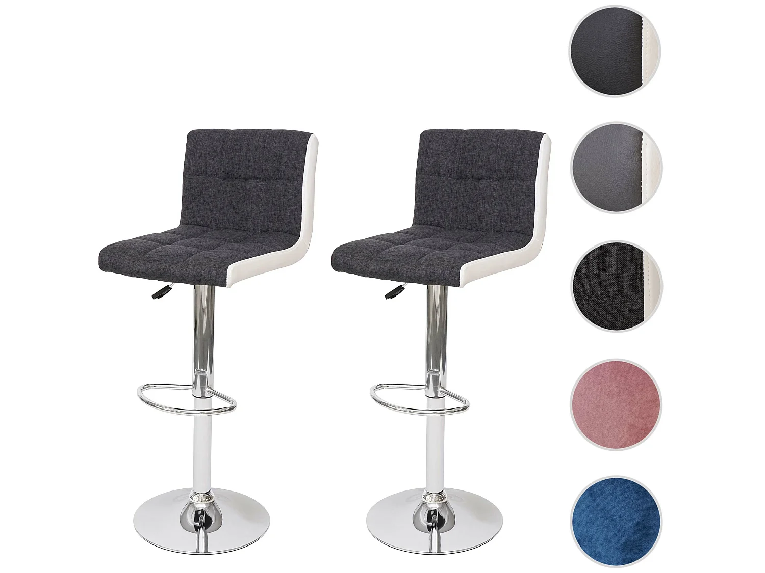 Barkruk MCW-G87 (set van 2),  stof/textiel donkergrijs + kunstleer wit, voet chroom