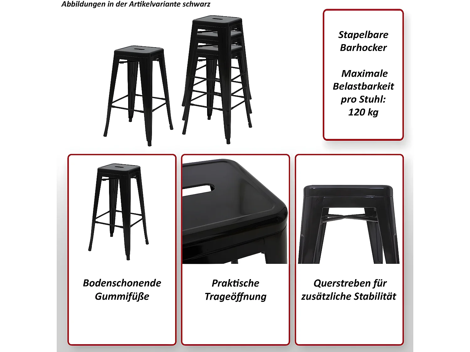 Tabouret de bar MCW-A73 Métal (lot de 4),  rouge