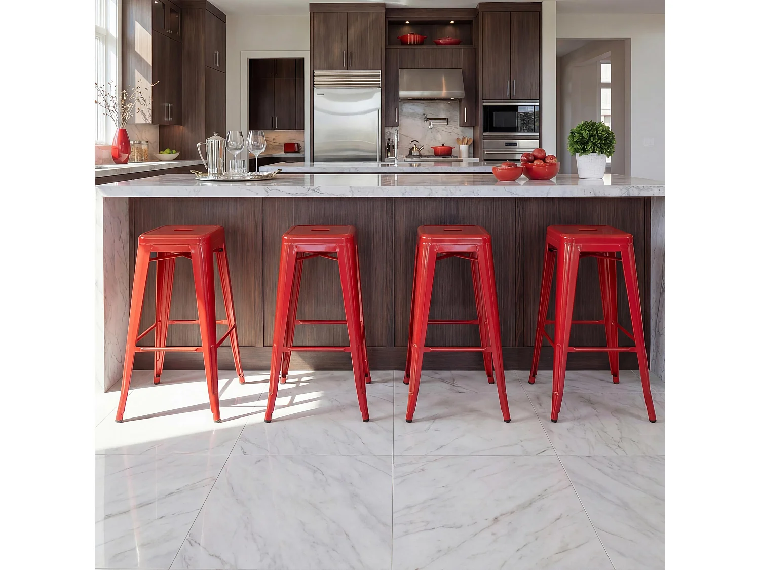 Metalowy stołek barowy MCW-A73 (zestaw 4 sztuk),  czerwony