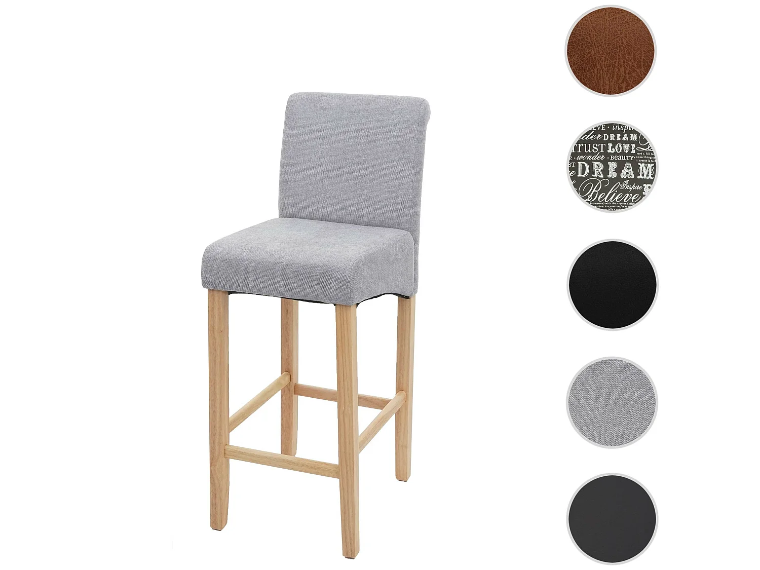 Tabouret de bar MCW-C33,  gris clair, pieds clairs, tissu/textile