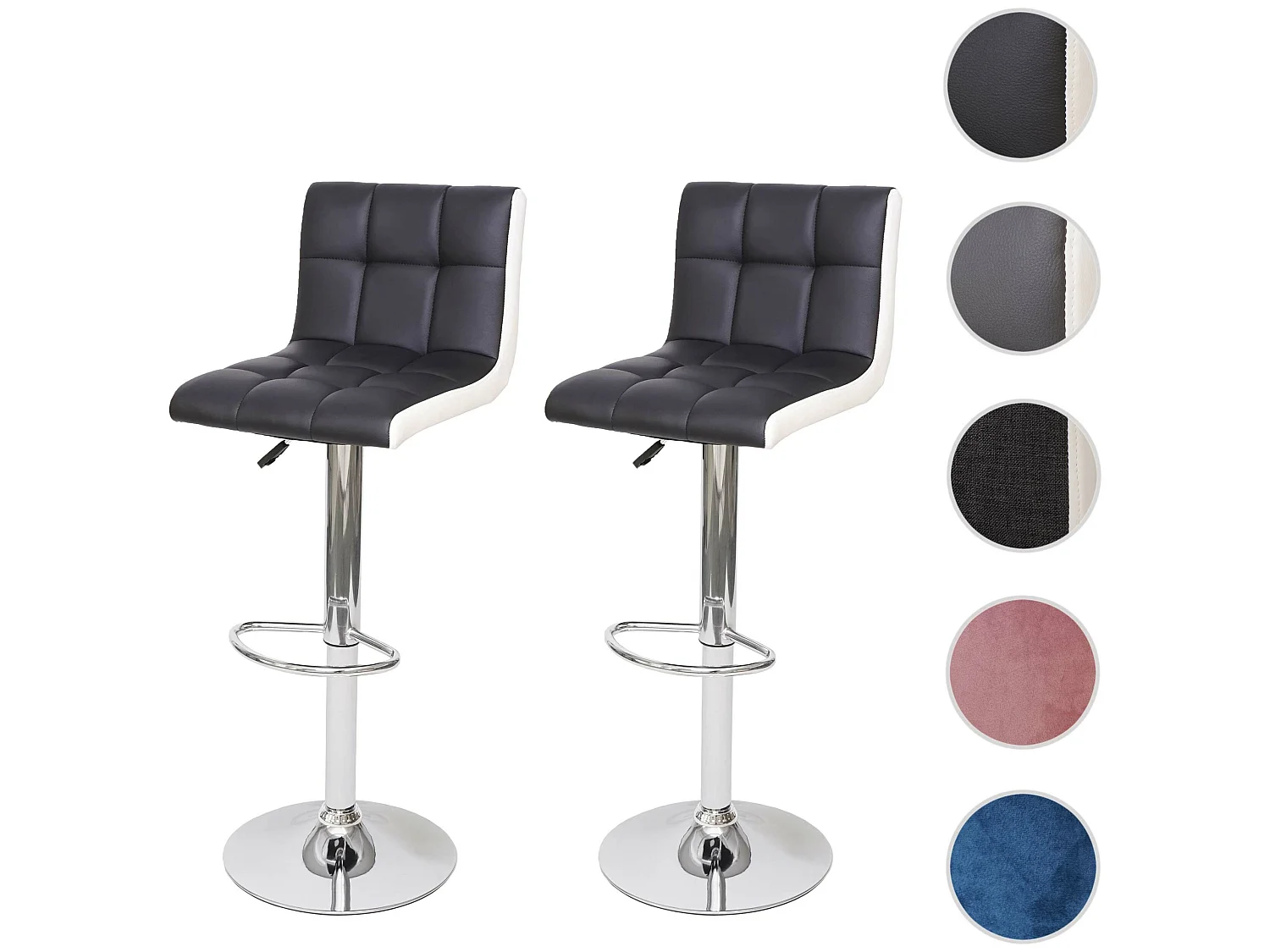 Tabouret de bar MCW-G87 (lot de 2),  similicuir noir-blanc, pied chromé