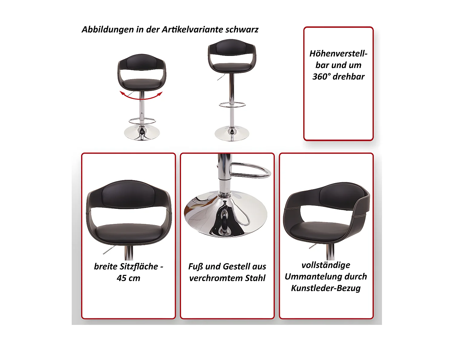 Tabouret de bar MCW-A47b,  noir