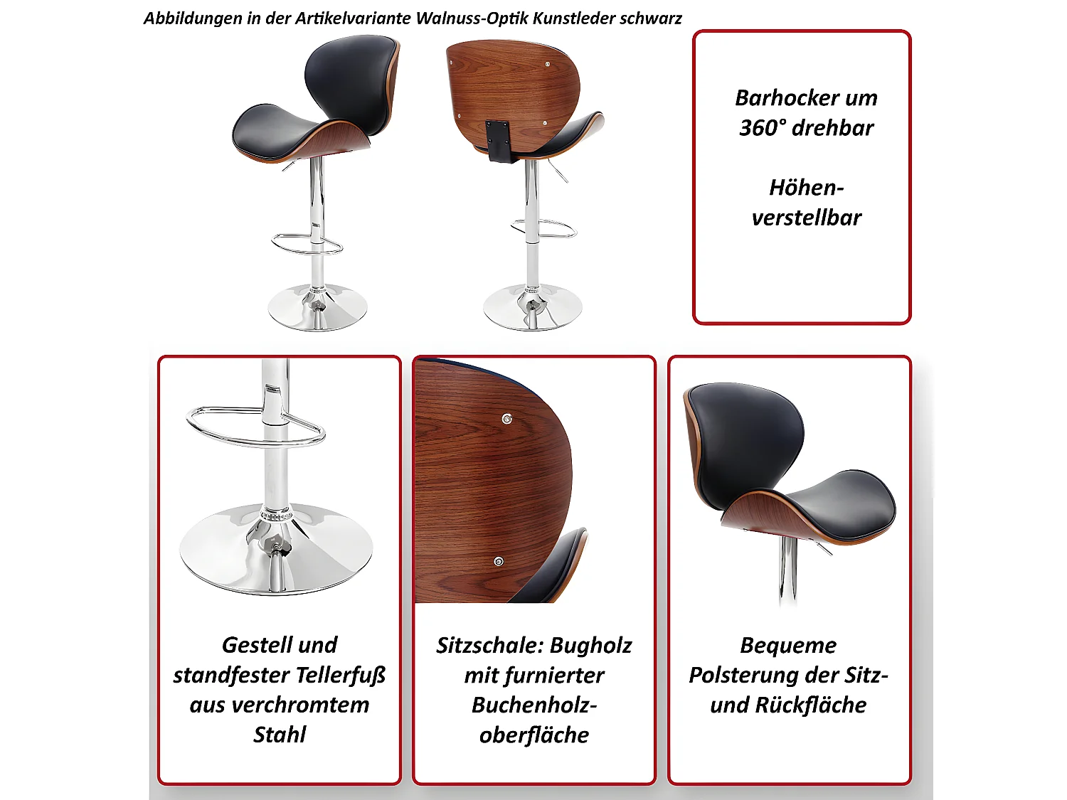 Barkruk Arklow,  walnoot look, kunstleer zwart