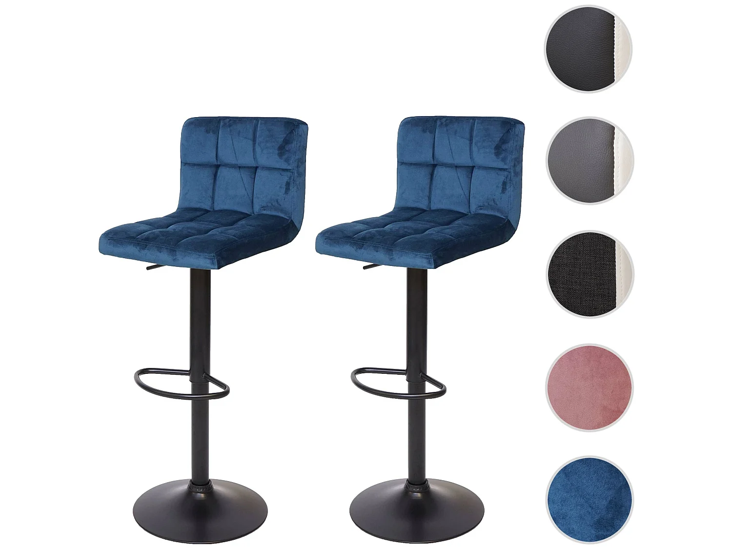 Tabouret de bar MCW-G87 (lot de 2),  velours pétrole, pied noir