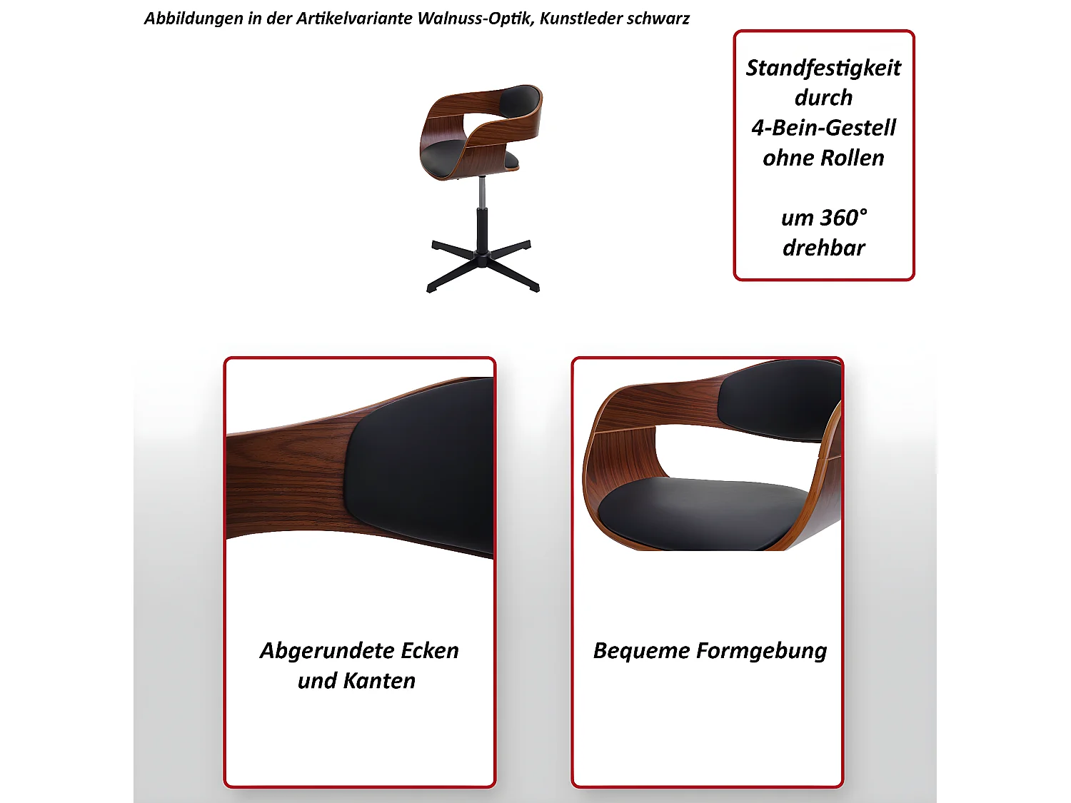 Eetkamerstoel MCW-H46 (set van 6),  walnootlook, kunstleer zwart