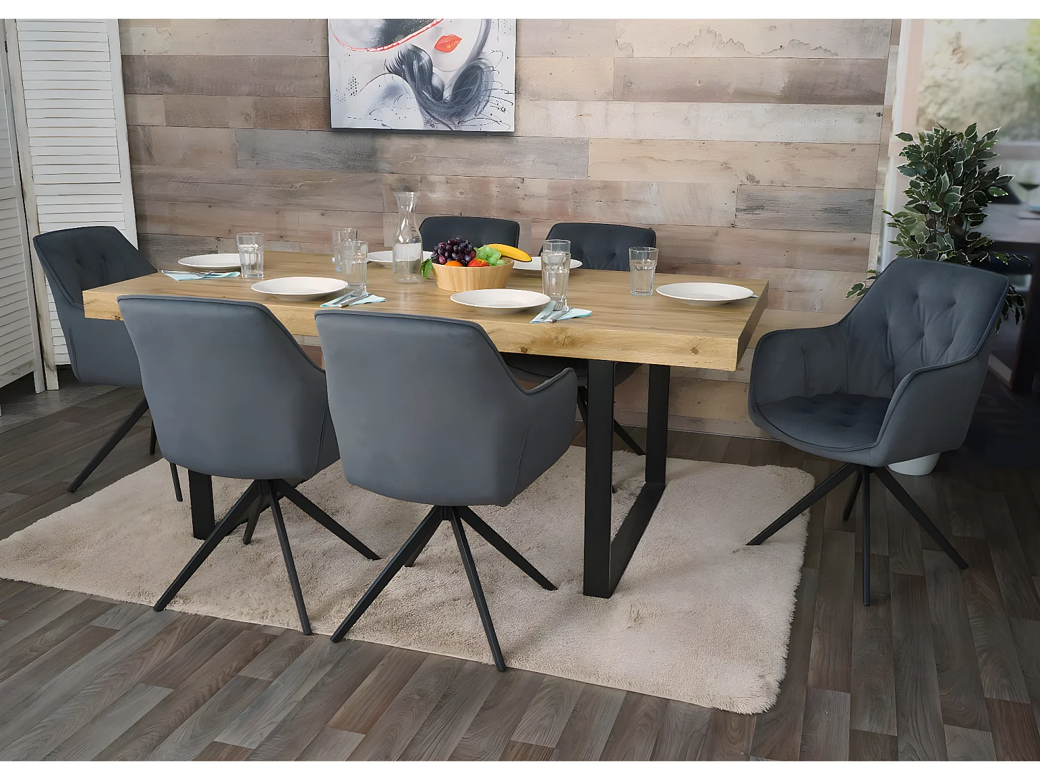 Set 6x sedie MCW-L80 sala da pranzo soggiorno imbottite girevoli tessuto ~ antracite