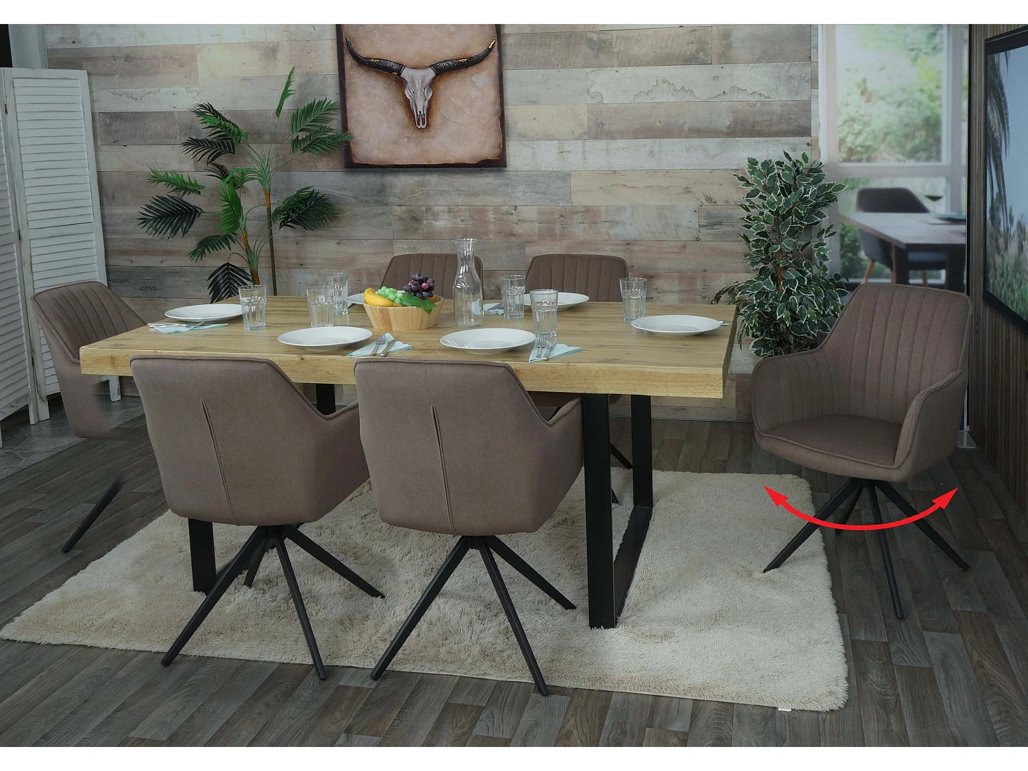 Set 6x sedie poltroncine con seduta girevole MCW-L79 acciaio tessuto marrone